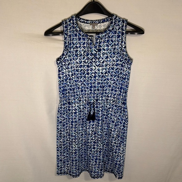 T by Talbots Sleeveless Knit Tank Dress Size Sp Blue Geometric - Picture 1 of 6